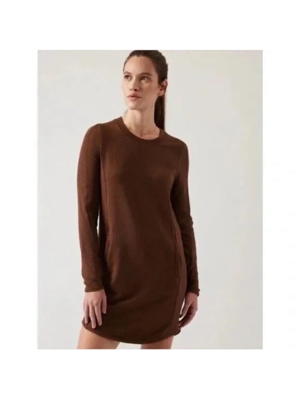 Athleta Long-Sleeve Crewneck Shift Dress in rust orange brown